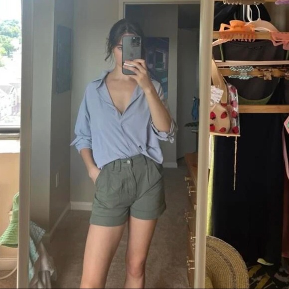 Blouse shirt blue light office casual button collar long sleeve top - Picture 4 of 7